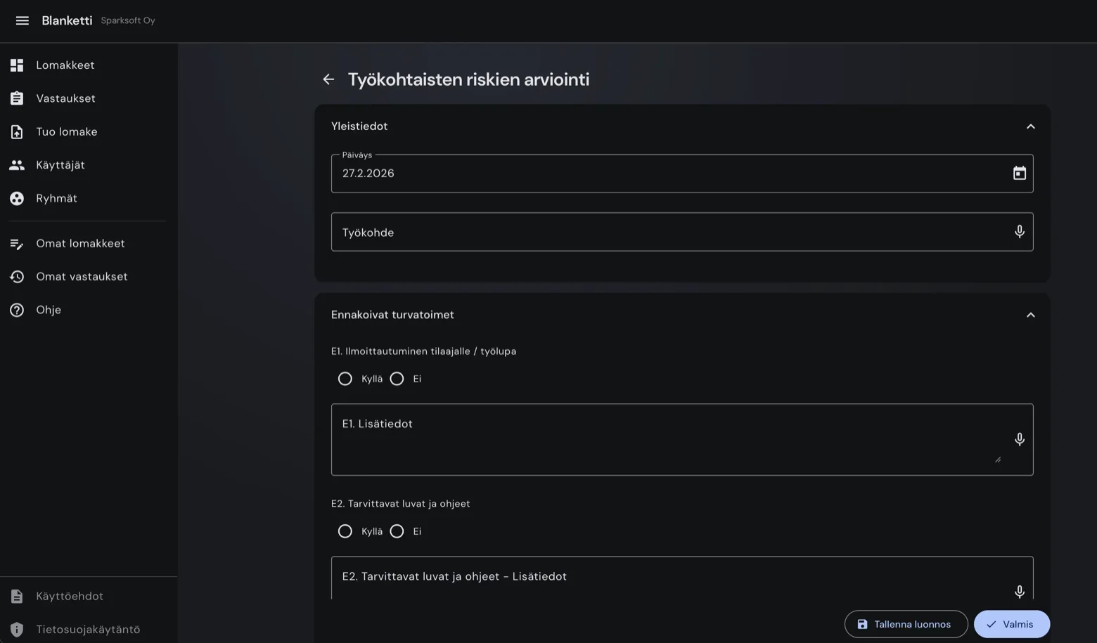 Blanketti — lomakkeen täyttö